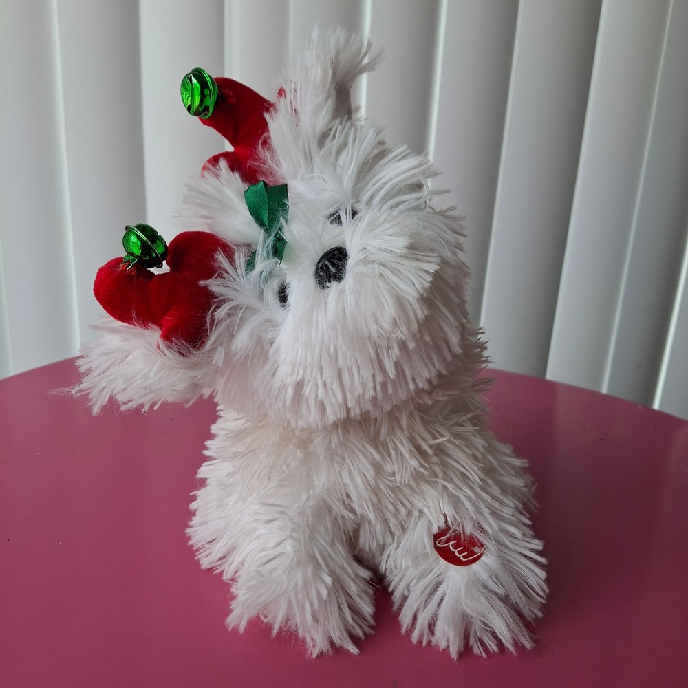 Dan Dee Christmas Animated Musical White Dog Plush Reindeer Antlers Jingle Bells